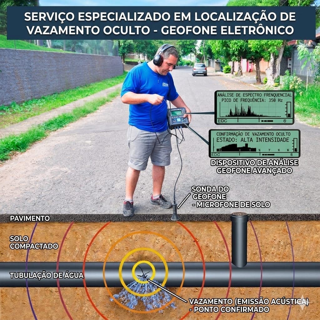 Demonstração do método: técnico com geofone eletrônico e ilustração do vazamento sob o piso